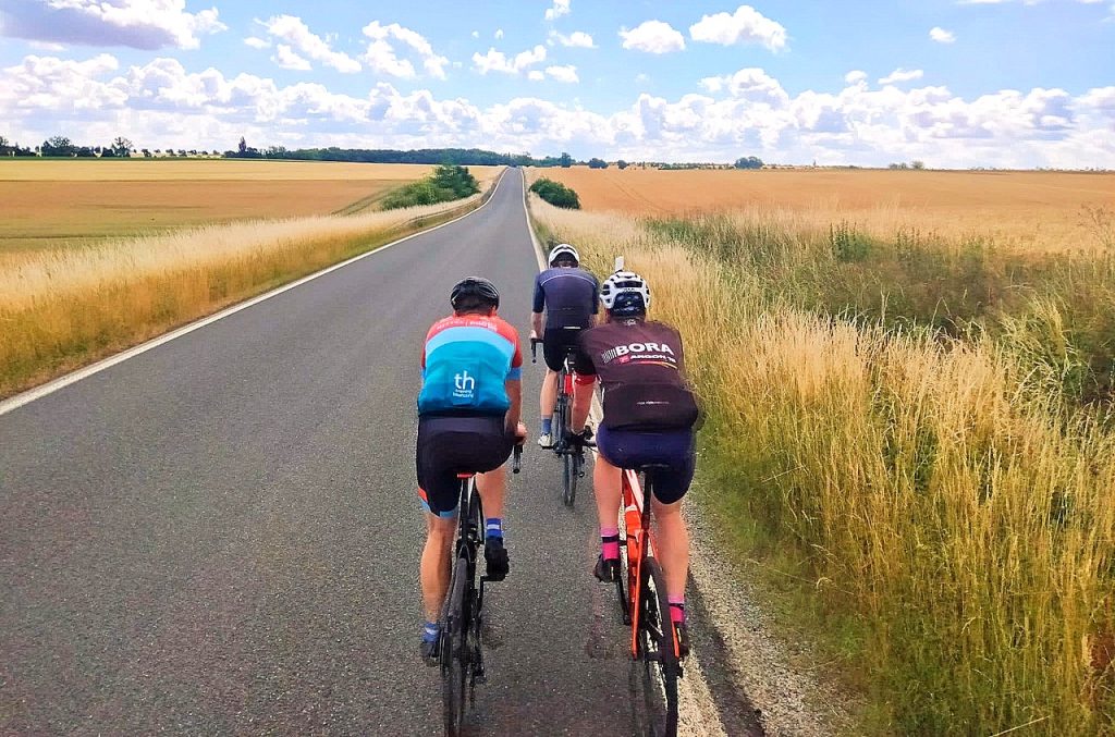 Drei Fahrradfahrende befahren eine Landstraße zwischen sommerlichen Feldern.